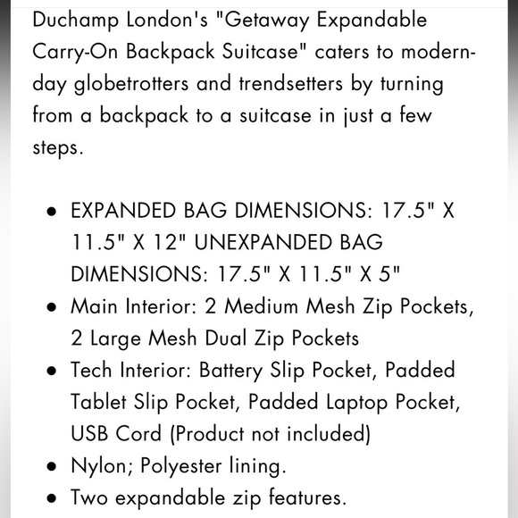 Duchamp London expandable, travel backpack, suitcase, Black, new - Picture 16 of 17